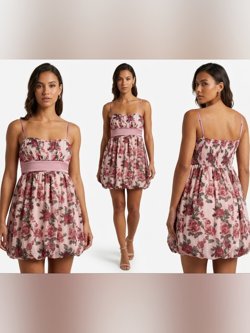 Y2K Vintage Pink Rose Floral Print Bubble Hem Empire Waist Babydoll Mini Dress S